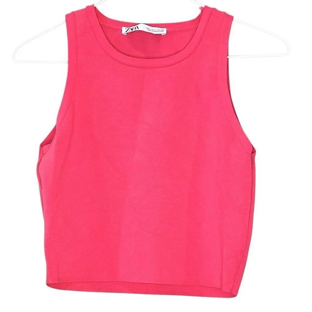 Zara Ribbed Knit Sleeveless Crew Neck Sweater Crop Tank Top Pink Size Large